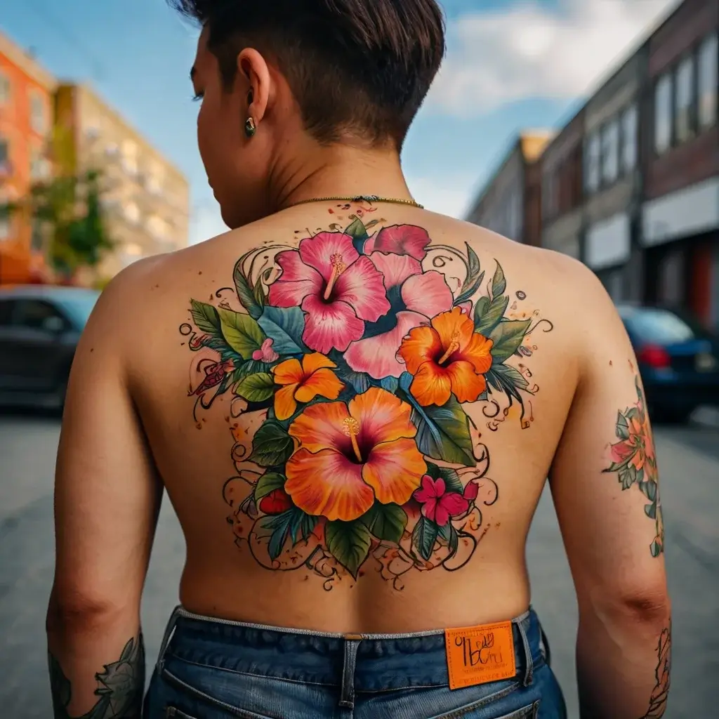 Vivid floral tattoo on back featuring large hibiscus blooms in pink, orange, and yellow hues, surrounded by lush green leaves.