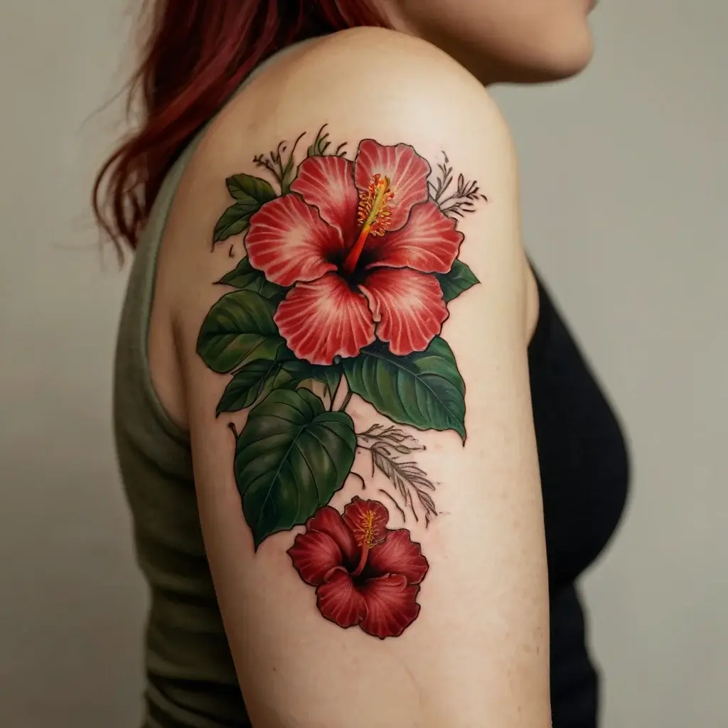 A vibrant red hibiscus tattoo with lush green leaves on the upper arm, showcasing detailed petals and delicate stems.