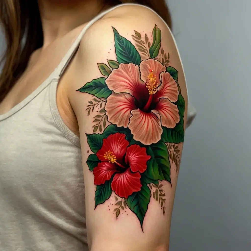 Tattoo of vibrant hibiscus flowers on the upper arm, featuring red and peach petals with lush green leaves.