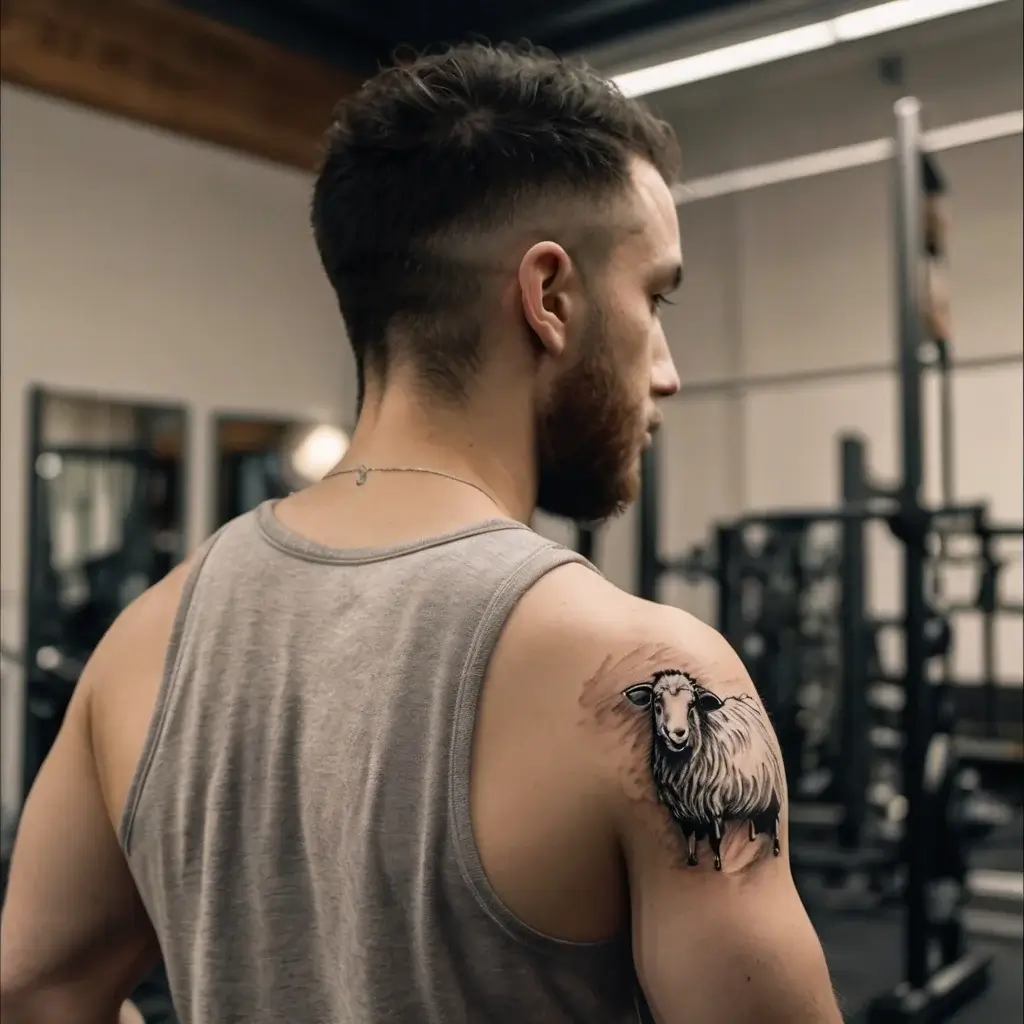 Tattoo of a detailed black and white sheep on the shoulder, featuring bold lines and shading for texture and depth.