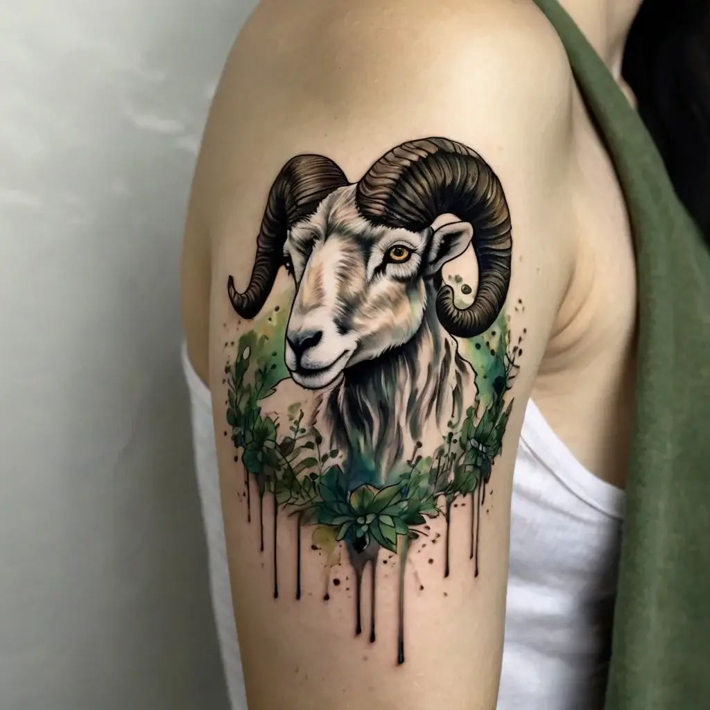 Ram head tattoo with intricate horns, surrounded by leaves and abstract watercolor drips on an upper arm.