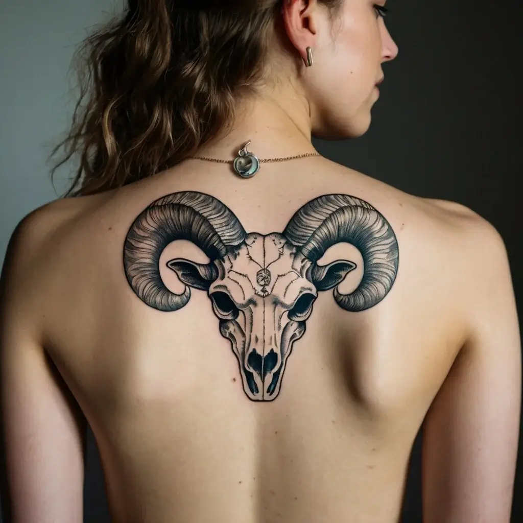 Tattoo of a detailed ram skull with large, curling horns, centered on the upper back, symbolizing strength and determination.