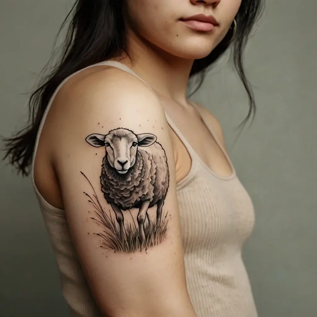 Realistic sheep tattoo on upper arm, featuring detailed wool texture and grass, symbolizing gentleness and tranquility.