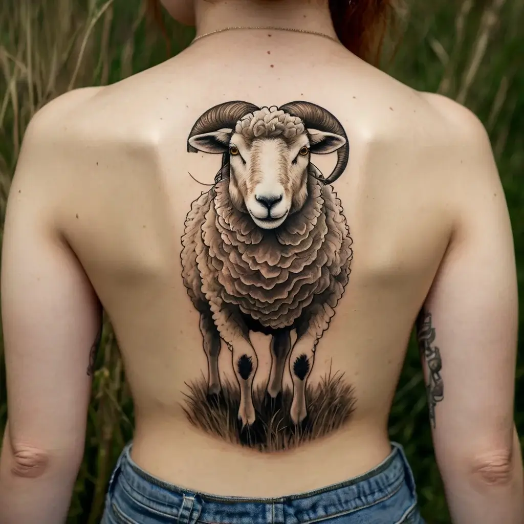 Realistic sheep tattoo centered on the back, detailed wool texture with prominent curled horns, standing on grass.