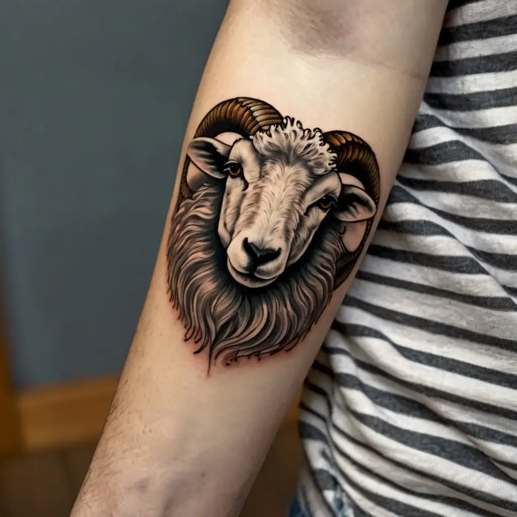 Tattoo of a detailed ram's head with intricate horn shading, symbolizing strength and determination on the forearm.