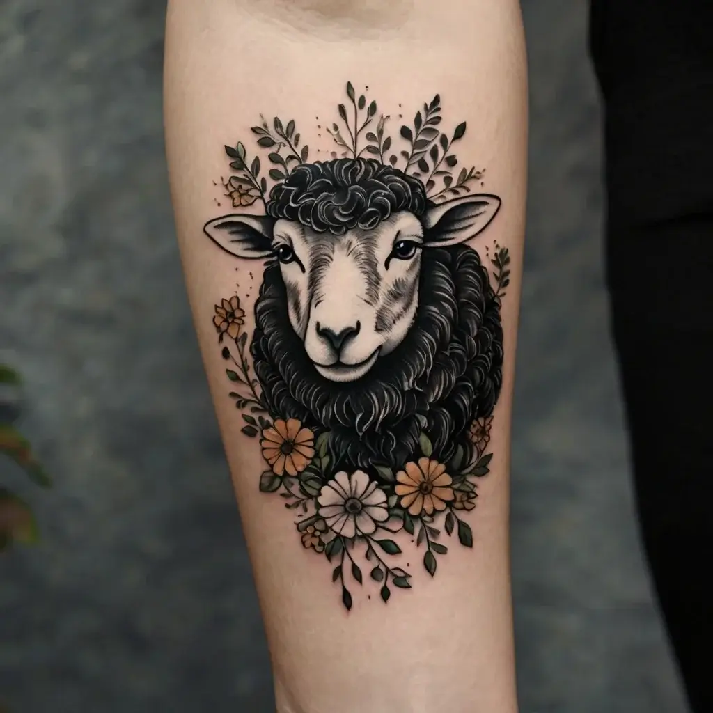 Tattoo of a sheep with detailed wool, surrounded by floral and leafy accents, in a natural and serene composition.