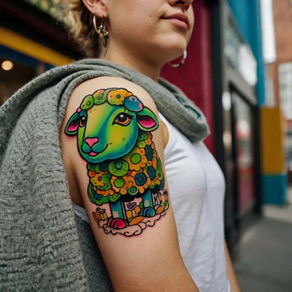 Vibrant tattoo of a colorful, cartoon sheep with floral wool, set on a shoulder. Bold lines and playful design.