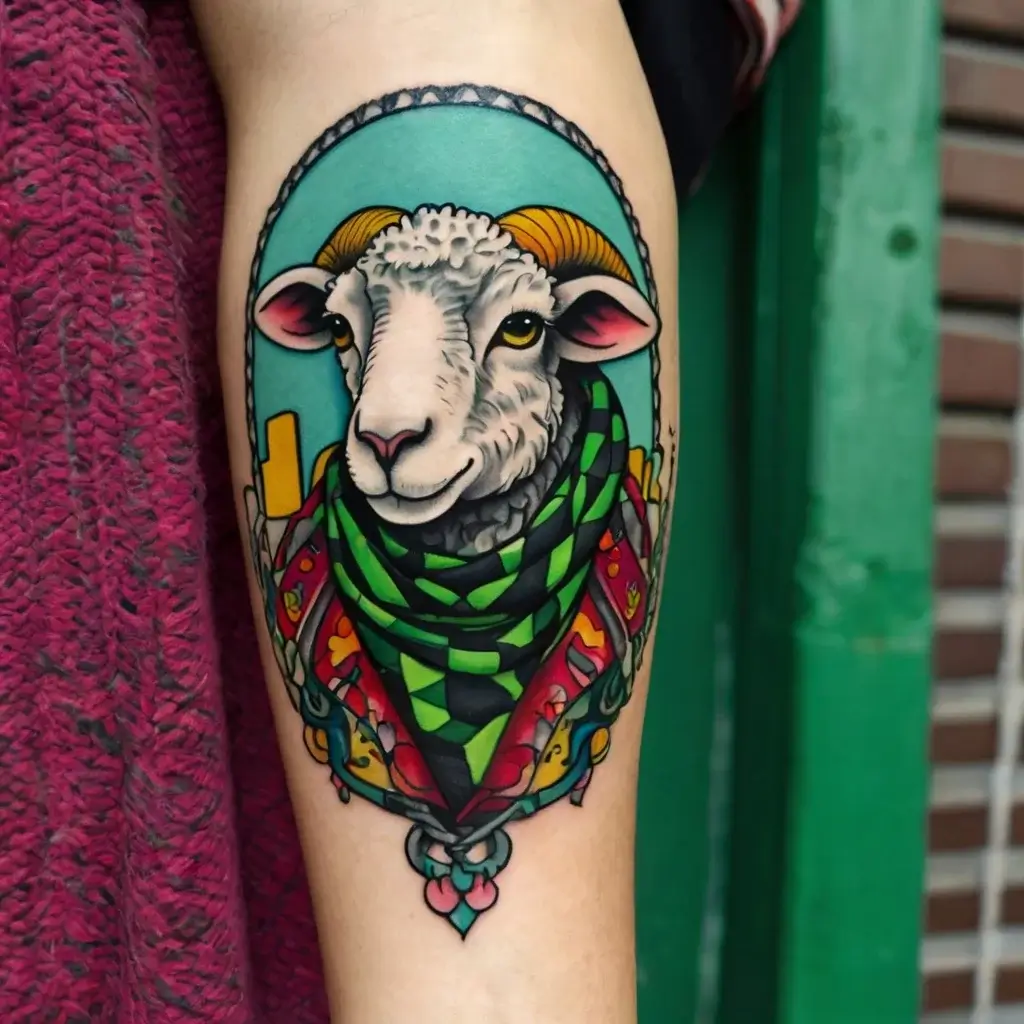 Tattoo of a sheep with curled horns in a colorful, patterned scarf framed by a decorative border, set against a teal backdrop.