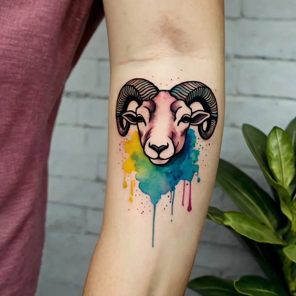 Tattoo of a ram with bold outlines. Watercolor splash background in blue, yellow, and pink, adding vibrant contrast.