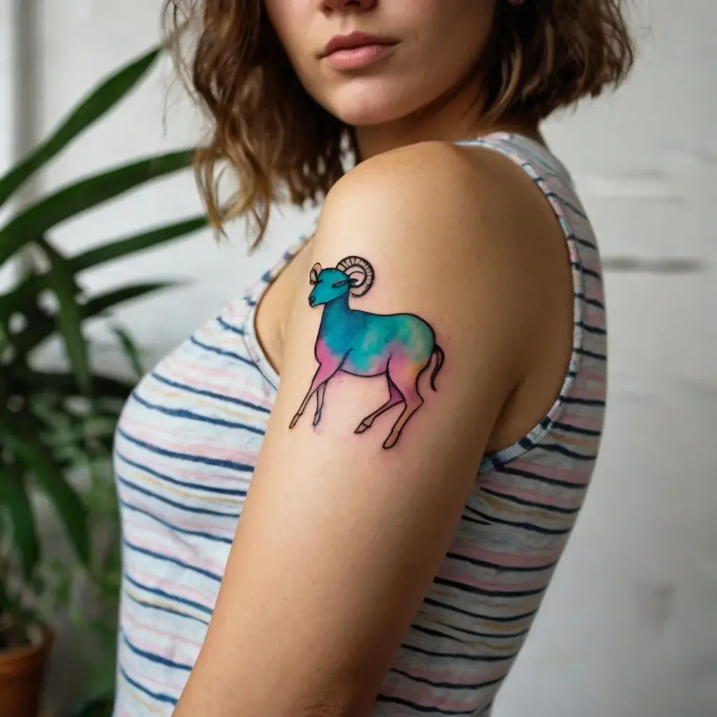 A vibrant ram tattoo with watercolor effects in blue and pink hues, outlined in black on the upper arm.