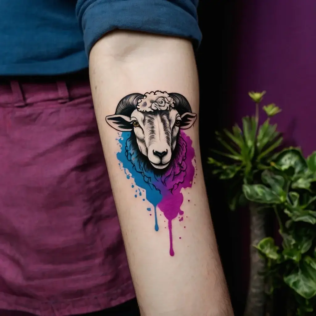 Tattoo of a ram with intricate horns, set against vibrant blue and magenta watercolor splashes on the forearm.