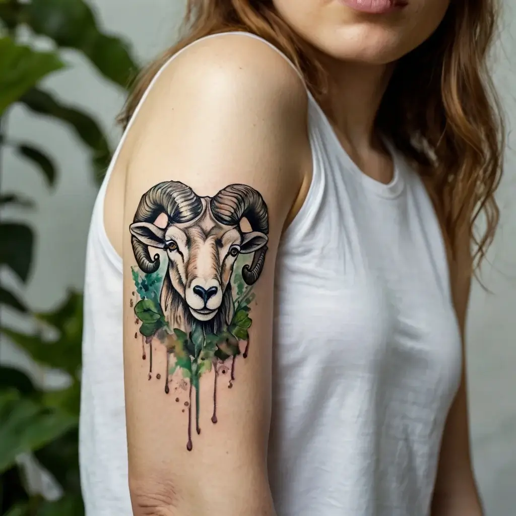 A detailed ram tattoo with realistic shading and watercolor splashes, incorporating green foliage and purple drips on upper arm.