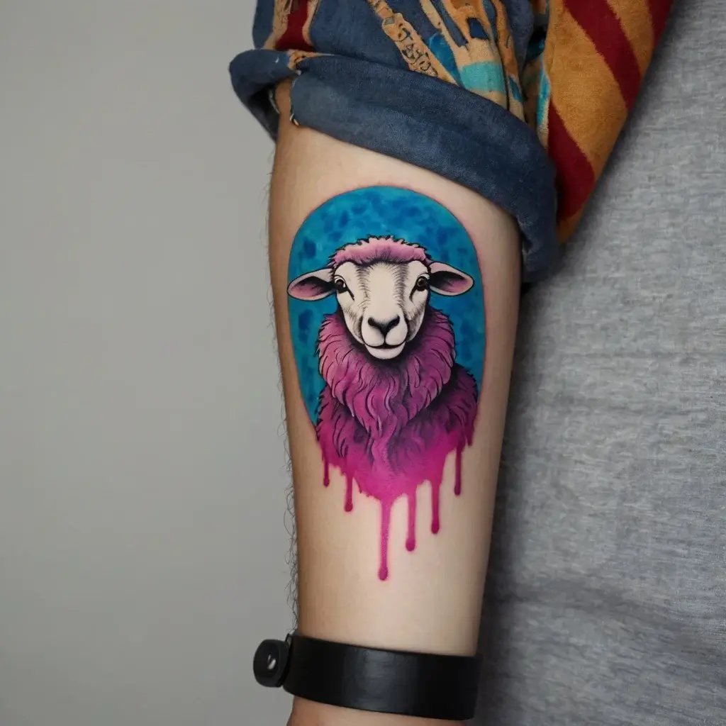 Vibrant sheep tattoo with blue background and pink drips, combining realism and surrealism for a striking effect.