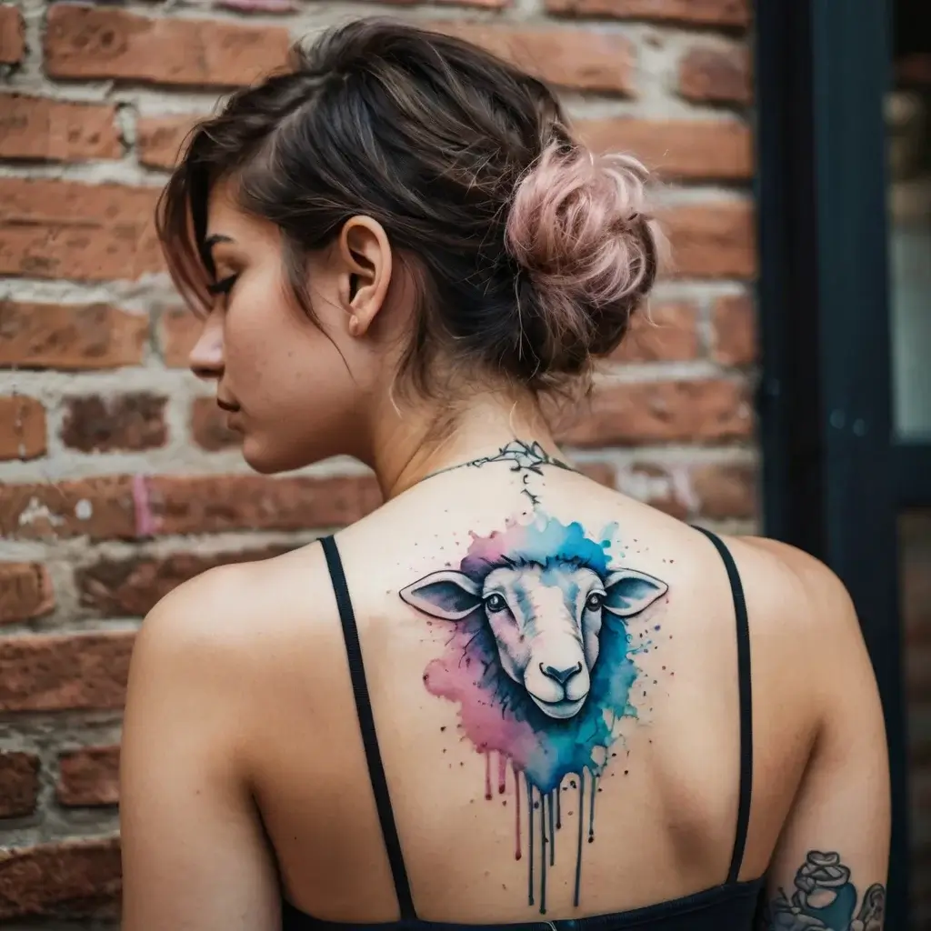 Watercolor-style tattoo of a sheep on a woman's back, featuring vibrant blue and pink splashes for an artistic effect.