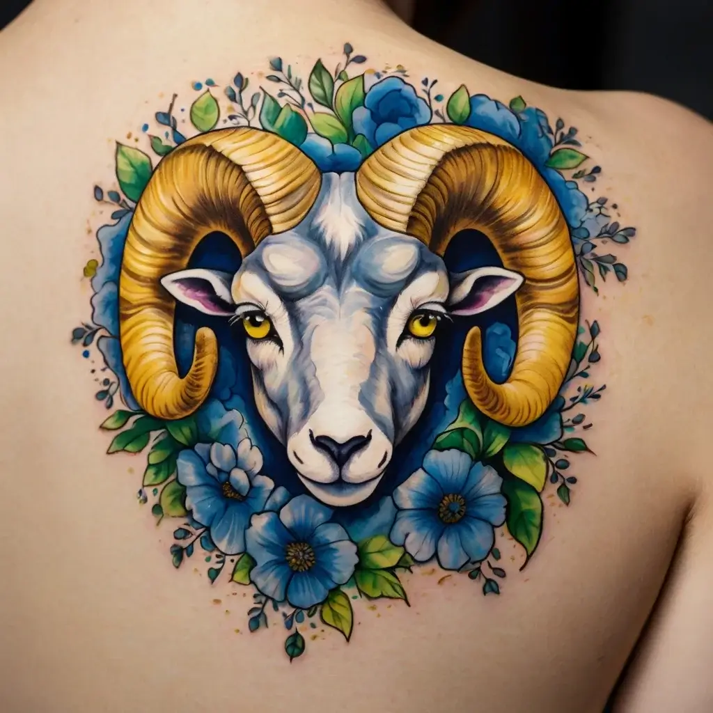 Tattoo of a ram with golden horns, surrounded by vibrant blue flowers and green leaves, symbolizing strength and renewal.