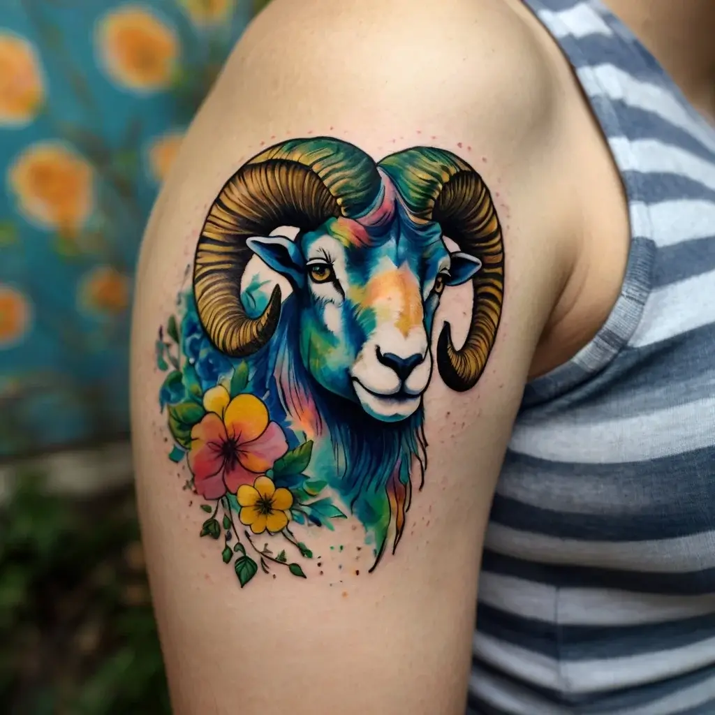 Colorful ram tattoo with vivid hues and floral accents on the shoulder, blending realism with abstract elements.