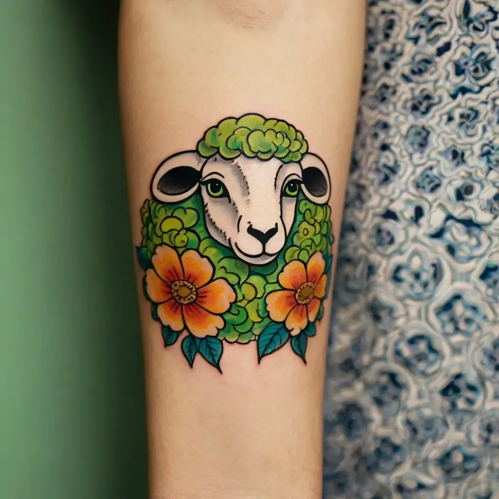 Tattoo of a sheep with green wool, surrounded by orange flowers on the arm, blending nature and animal themes.