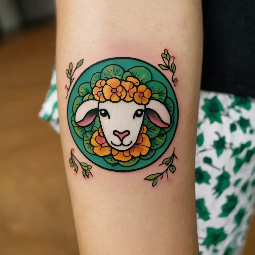 Tattoo of a sheep's head framed by orange flowers and greenery, in a circular pattern, with decorative leaves around.