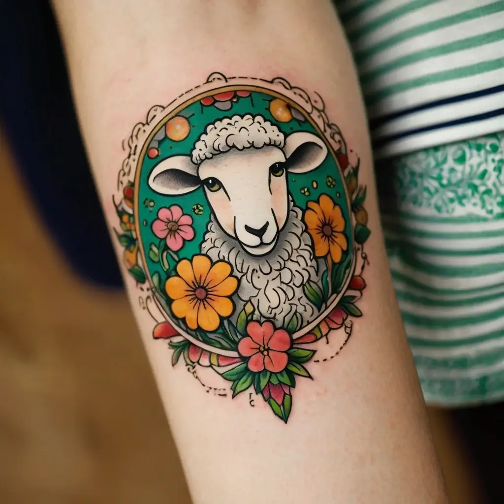 Tattoo of a sheep inside a decorative circle, surrounded by vibrant flowers, set against a turquoise background.