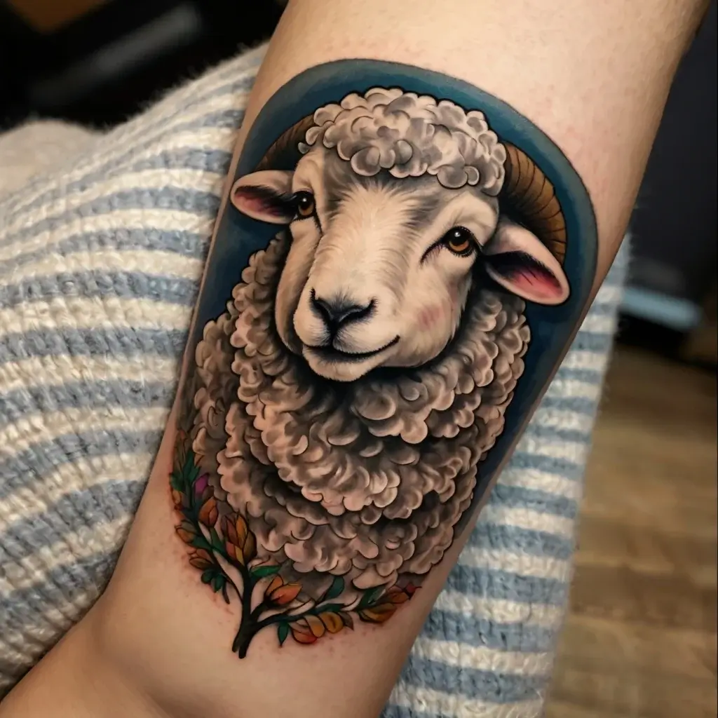 Realistic sheep tattoo with detailed wool, framed by a blue background and floral accents, symbolizing peace.