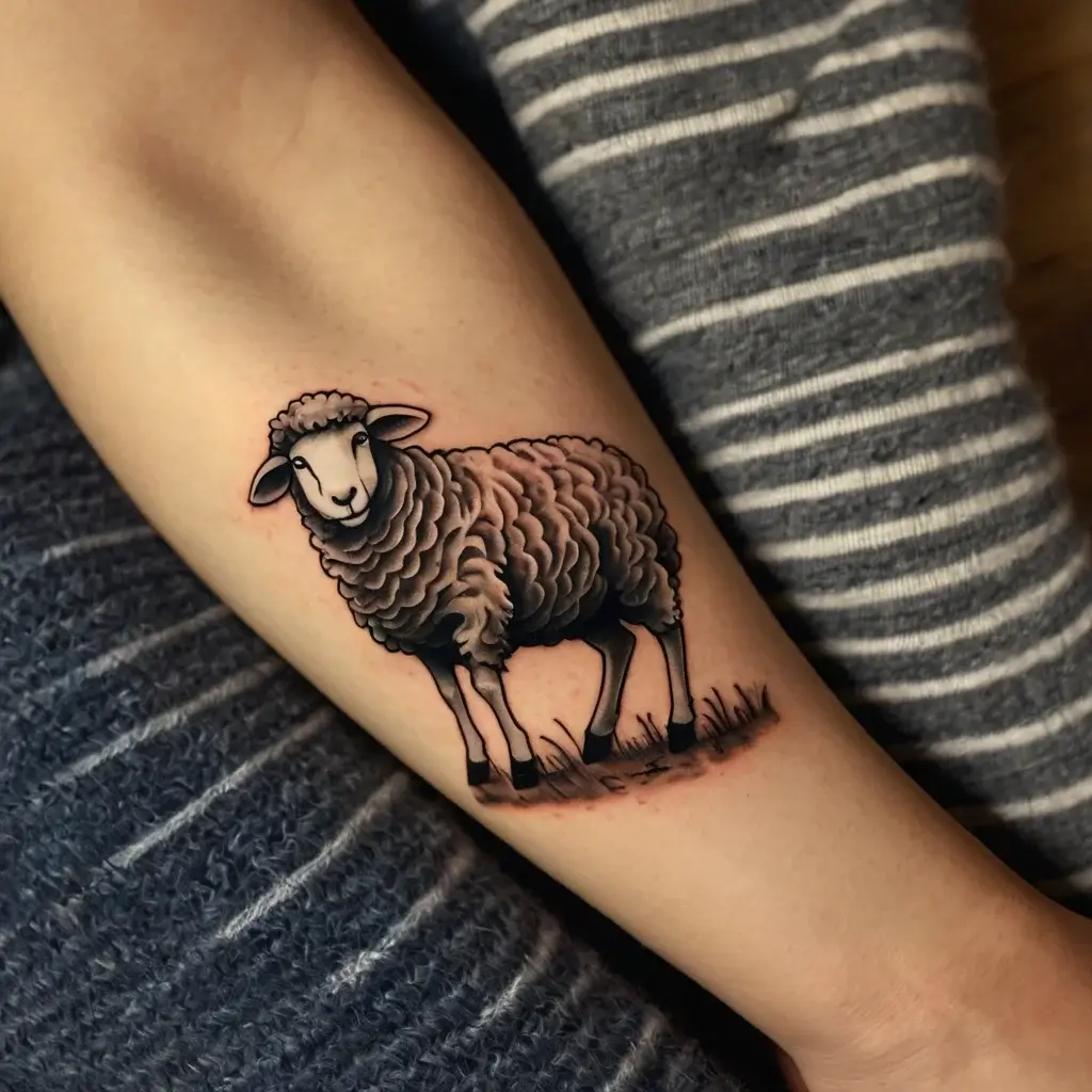 Tattoo of a realistic sheep with detailed wool texture, standing on grass, on a forearm. Shaded for depth and dimension.