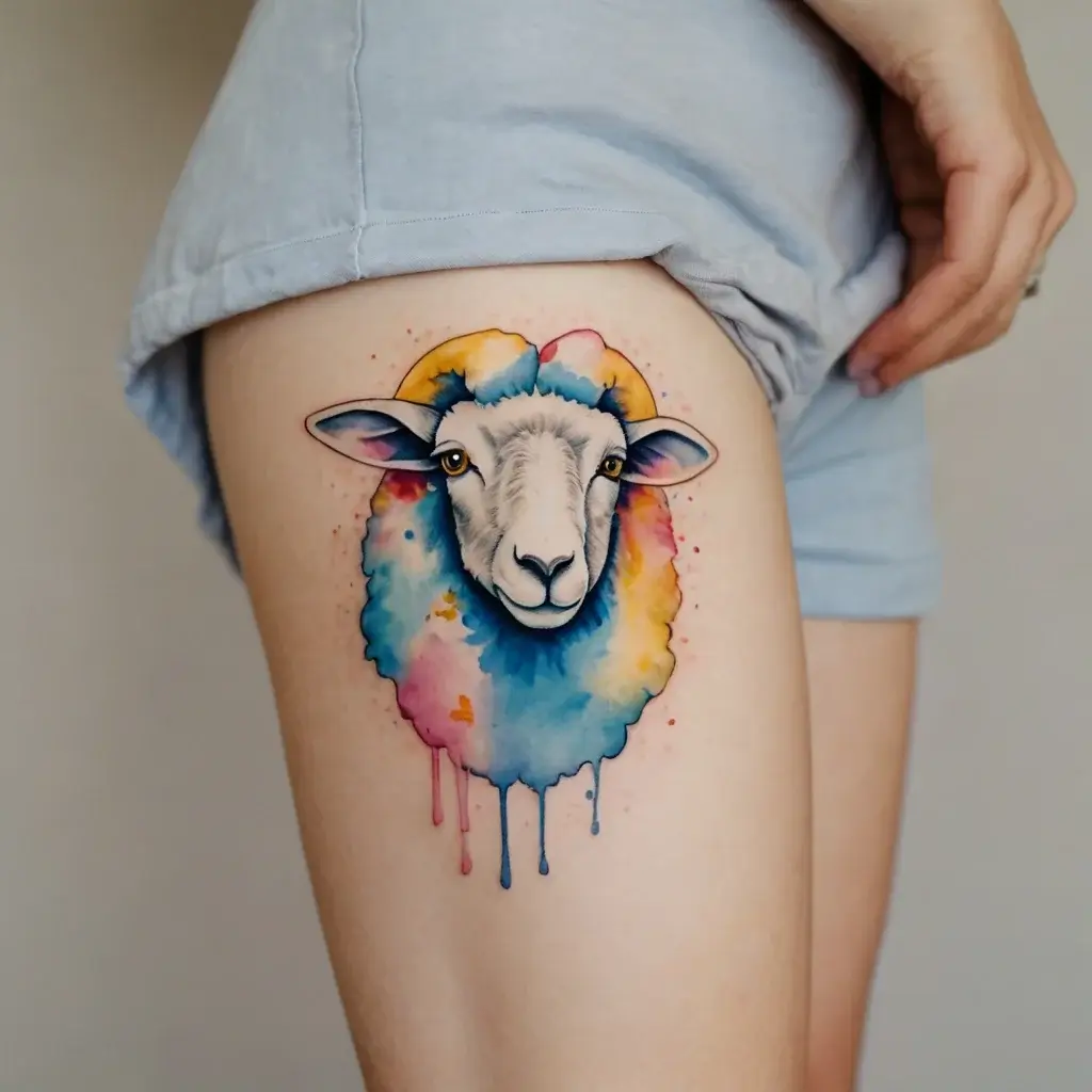 Watercolor tattoo of a sheep with vibrant blue, yellow, and pink splashes, creating a dripping paint effect on the thigh.