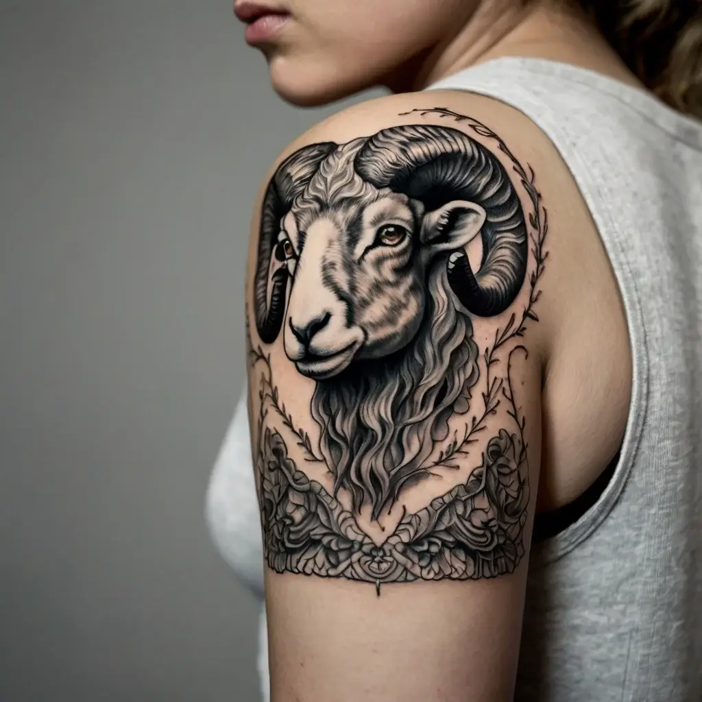 Realistic ram tattoo on the upper arm, featuring detailed shading and floral accents, symbolizing strength and nature.