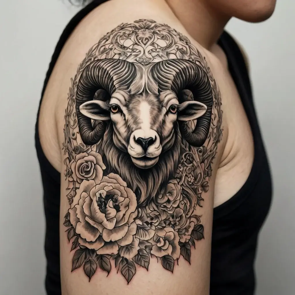 Black and grey tattoo of a ram with intricate floral and ornamental patterns, covering the upper arm and shoulder.