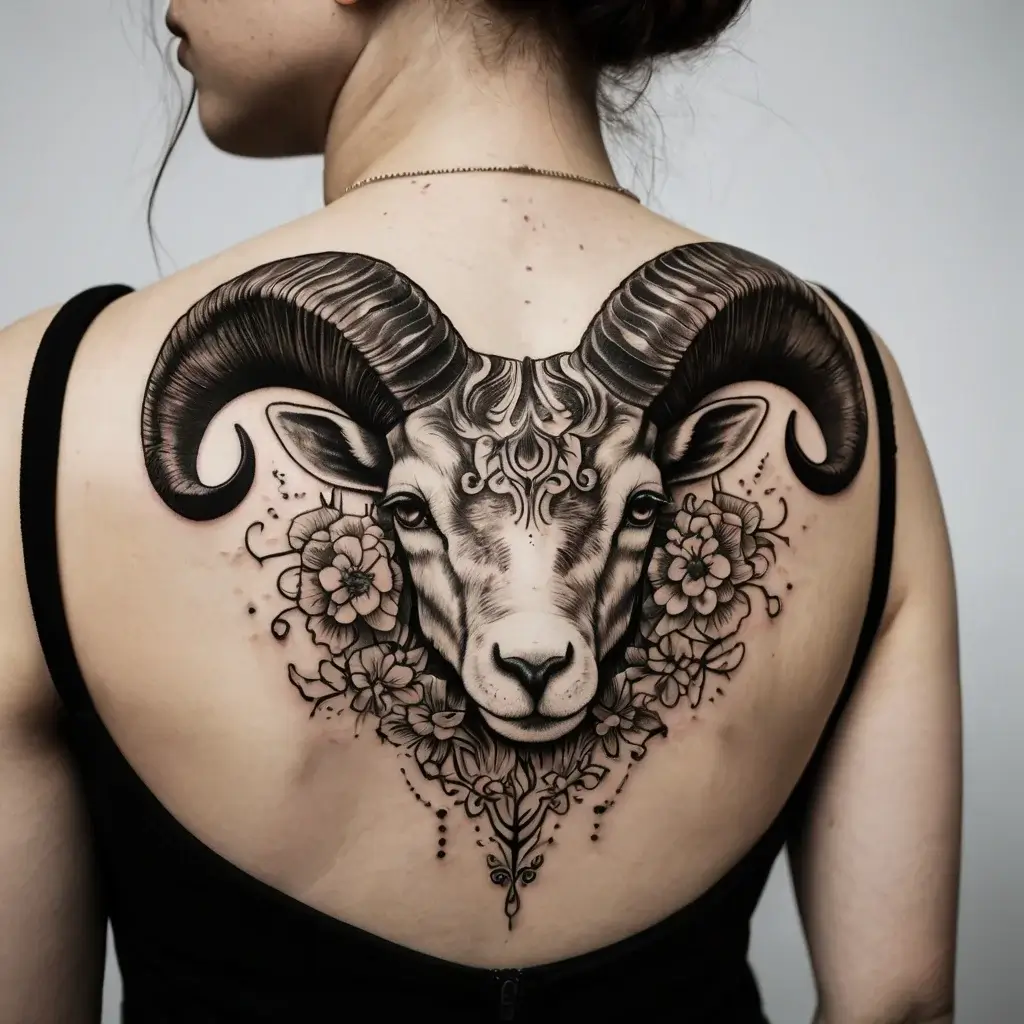 A detailed ram head tattoo with ornate horns and floral accents on the upper back, blending nature and symbolism.