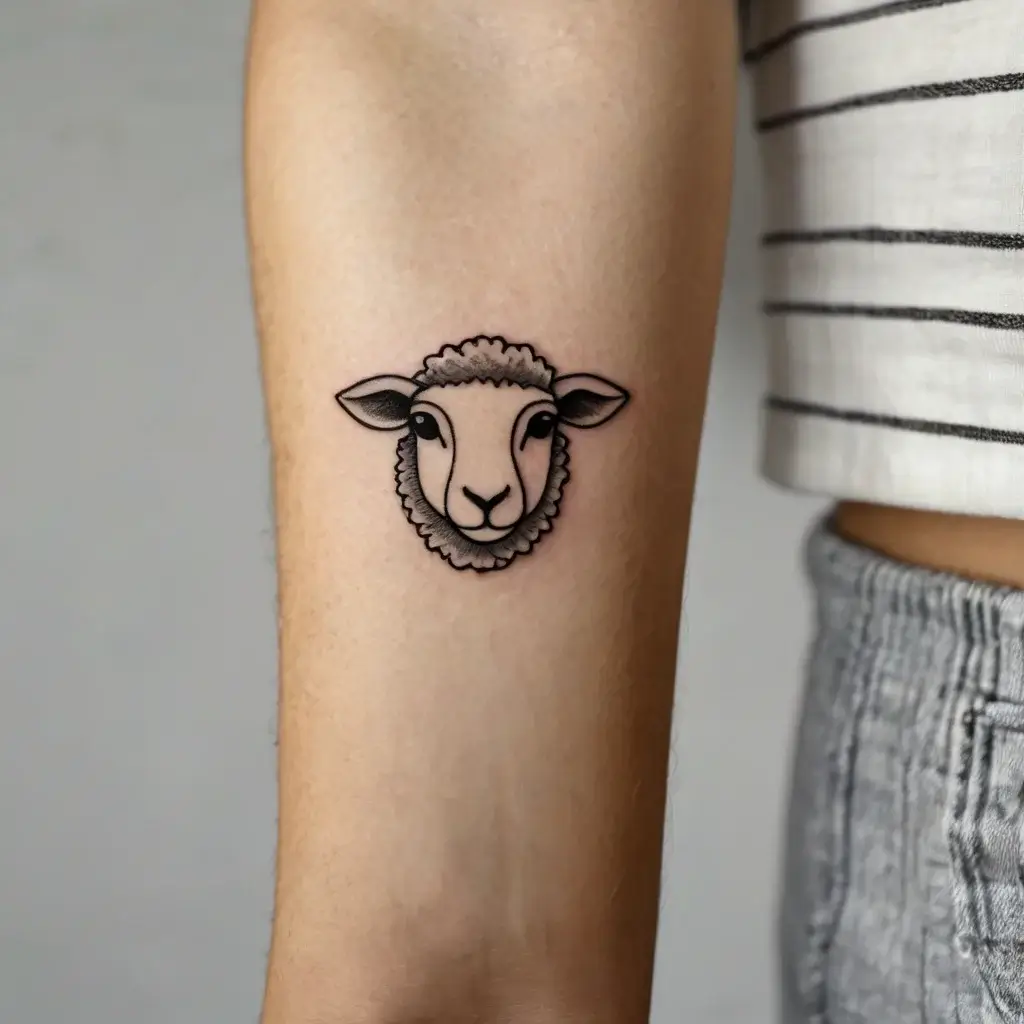 Black outlined sheep head tattoo with minimal shading, emphasizing simplicity and innocence on inner arm.