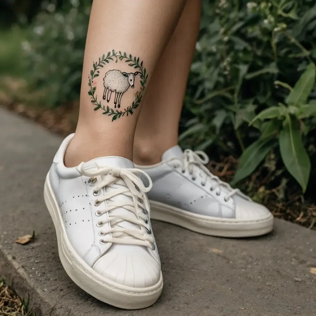 Tattoo of a small, fluffy sheep encircled by a wreath of green leaves, located on the back of the leg above the ankle.