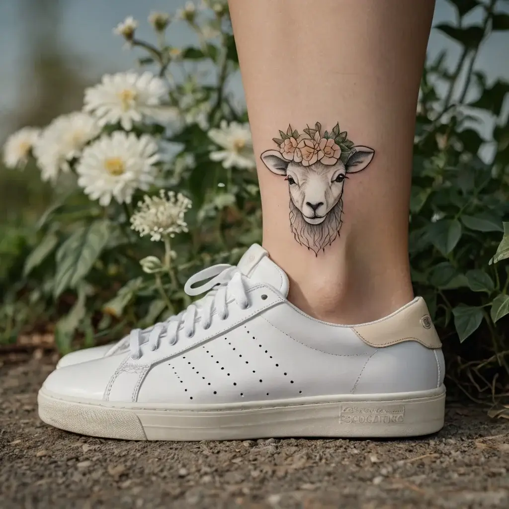 A delicate lamb tattoo with a flower crown, blending realism and whimsy on the ankle, complements nature-themed elements.