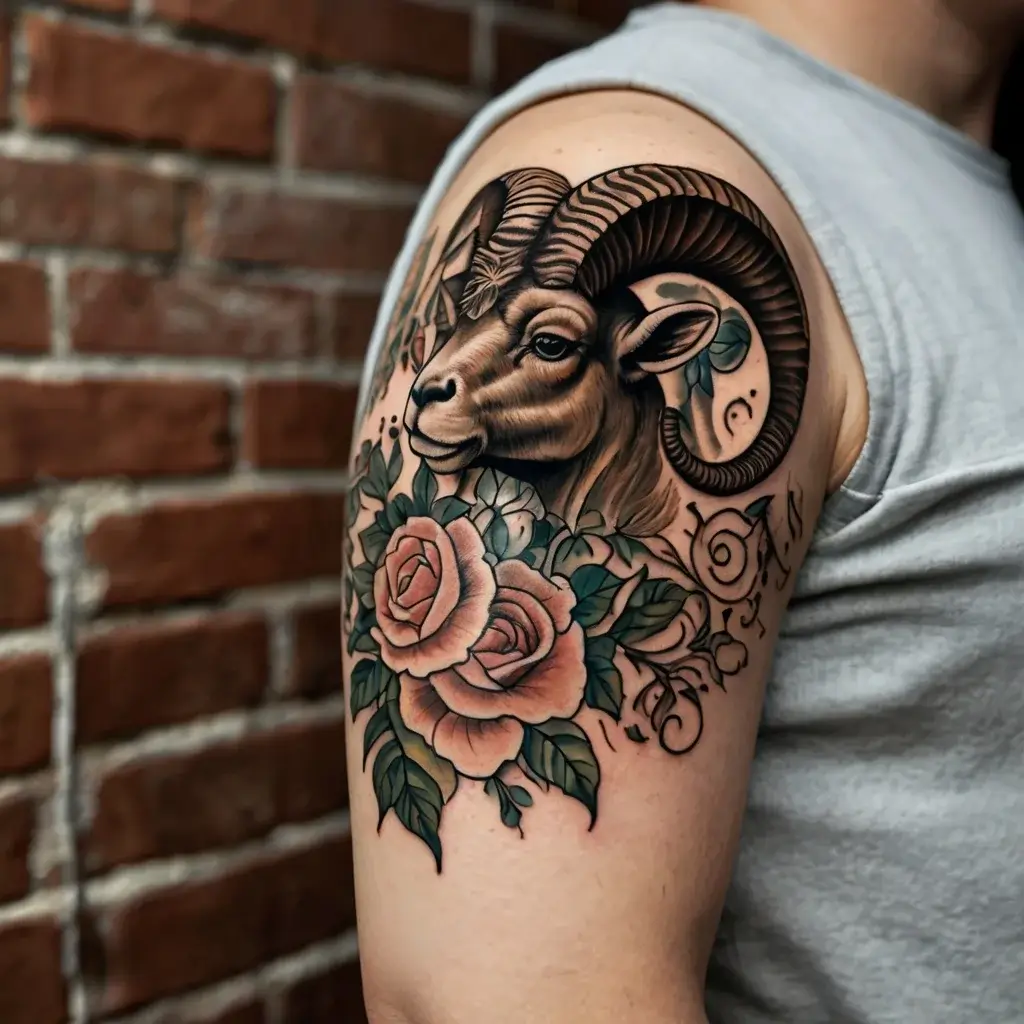 Tattoo of a ram's head with intricate horns, surrounded by roses and leafy vines on the upper arm, detailed and vibrant.