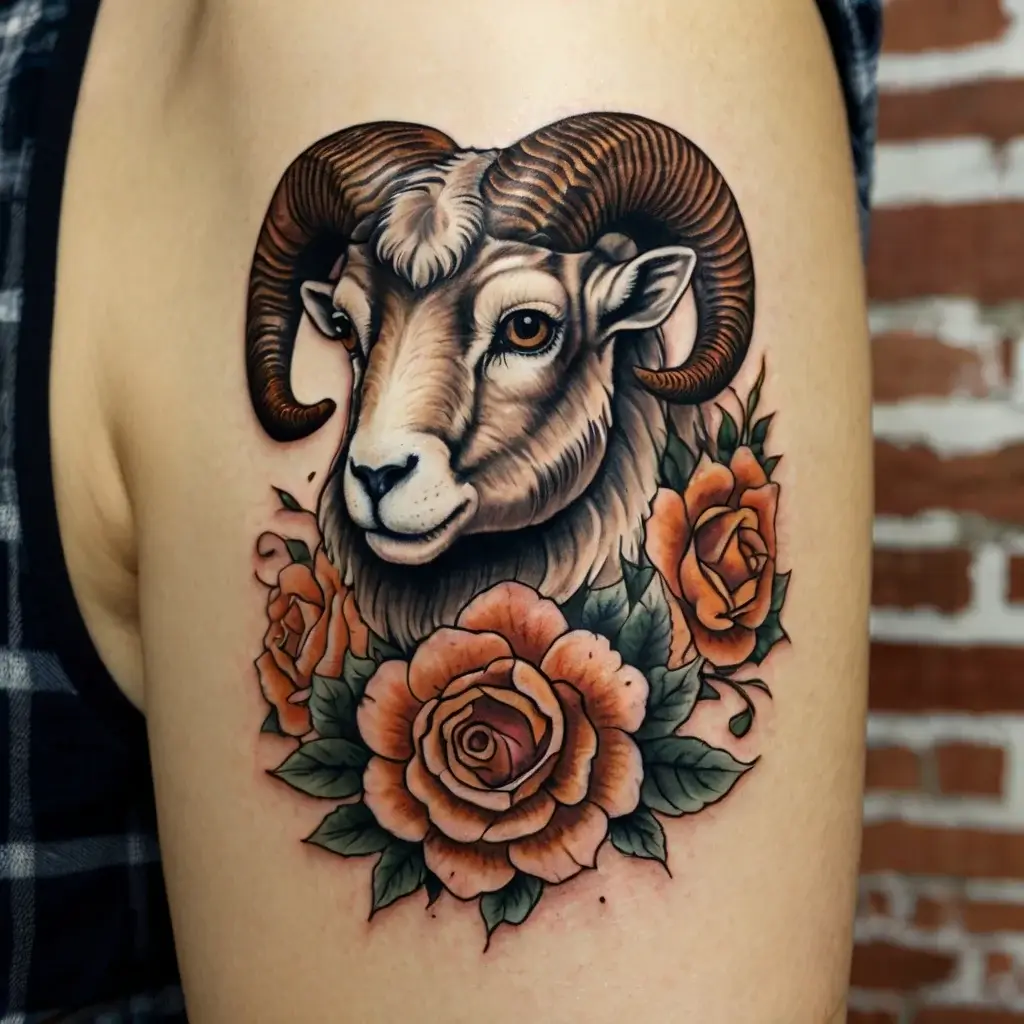 Realistic ram with curling horns, surrounded by detailed orange roses and green leaves on upper arm. Bold, vibrant design.