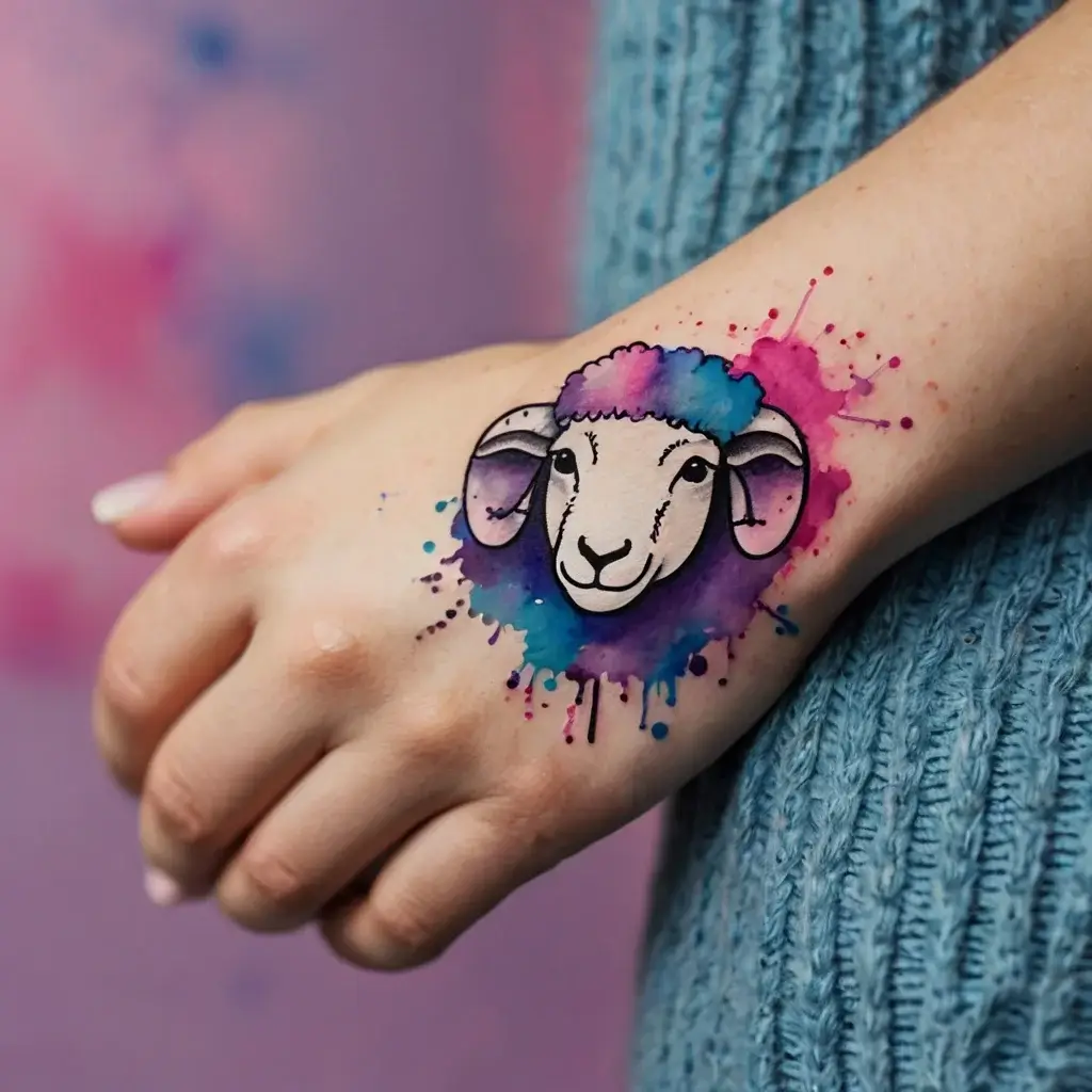 Watercolor sheep tattoo on hand, featuring vibrant splashes of pink, purple, and blue around a simple black outline.