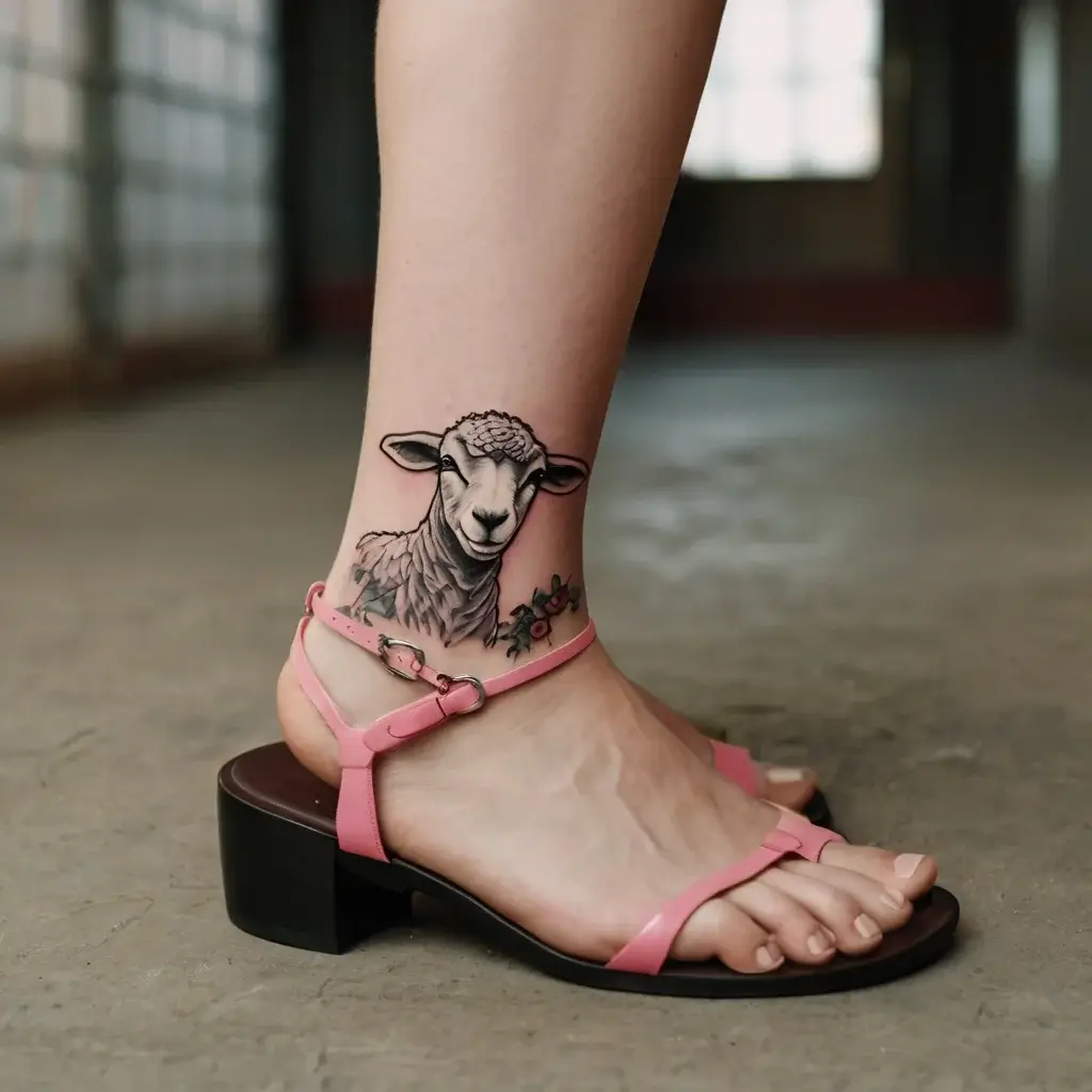 Tattoo of a lamb on the ankle surrounded by small flowers. The detailed design contrasts with pink sandals.