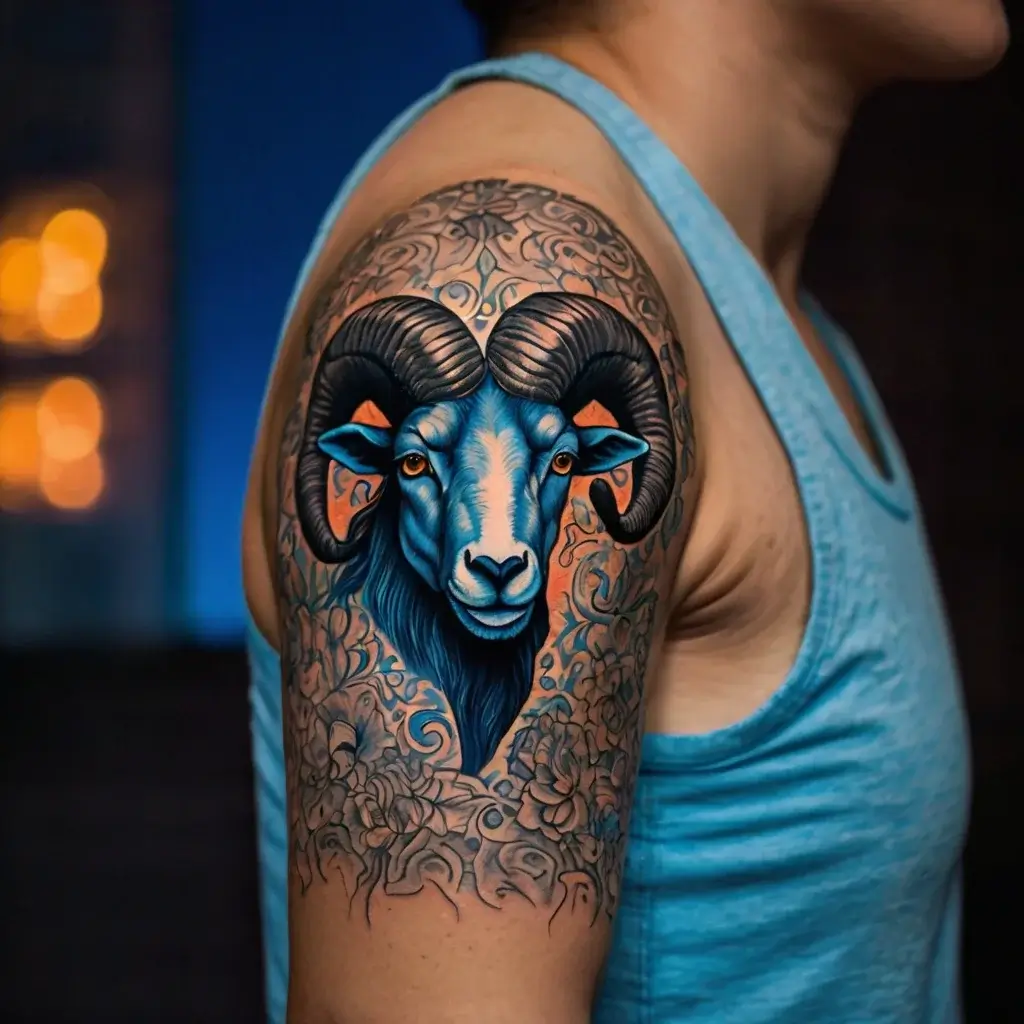 A vibrant ram tattoo on the upper arm, blending blue hues with intricate floral and scroll patterns in the background.