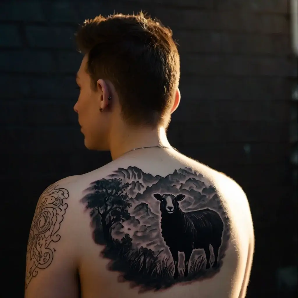 Tattoo of a black sheep with mountain backdrop on back, surrounded by trees and clouds, embodying uniqueness and nature.