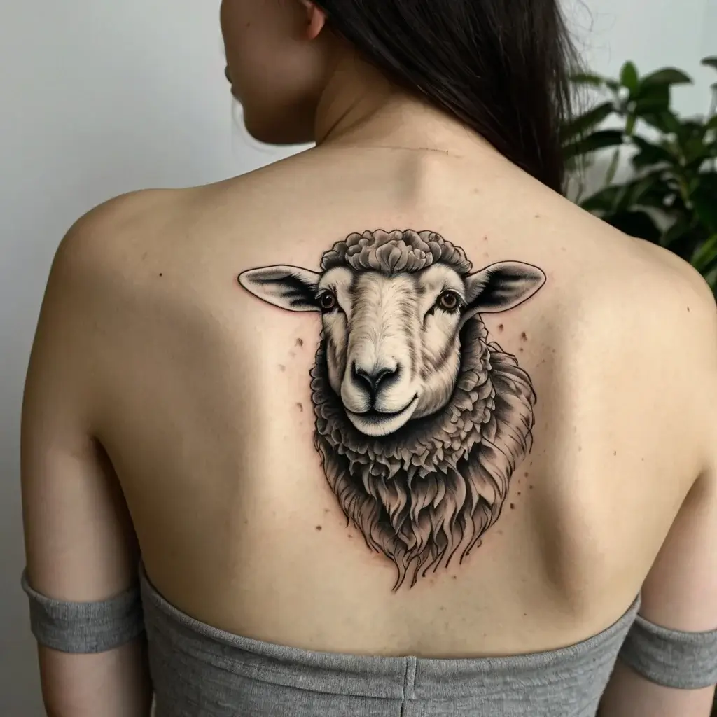 A realistic sheep head tattoo on the upper back, featuring detailed wool texture and soft shading, conveying serenity.