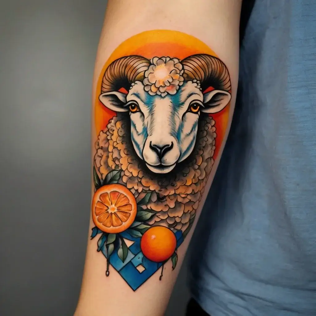 A vibrant tattoo of a ram with floral accents, surrounded by oranges and geometric shapes, set against a vivid orange circle.