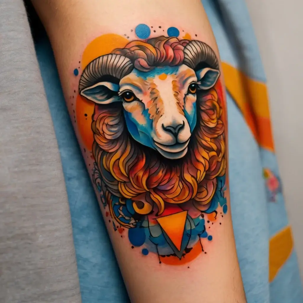 Tattoo of a vibrant ram with colorful abstract background. Features vivid blues, oranges, and geometric shapes.