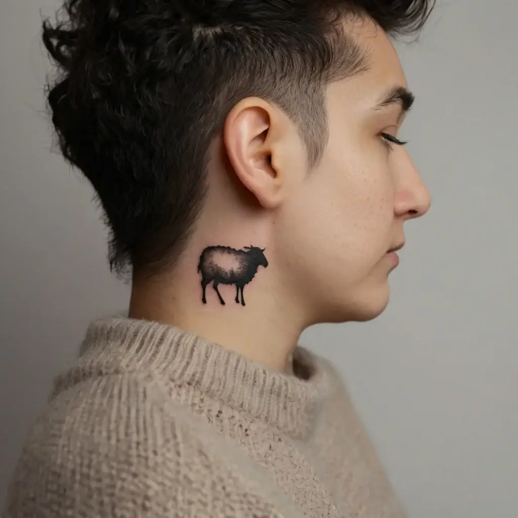 Silhouette of a black sheep tattoo on the neck, blending dark and light shading for a striking contrast.