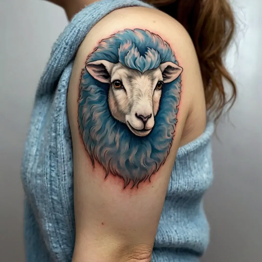 Tattoo of a sheep with a realistic face and vibrant blue fleece on an upper arm, blending softness with bold color.