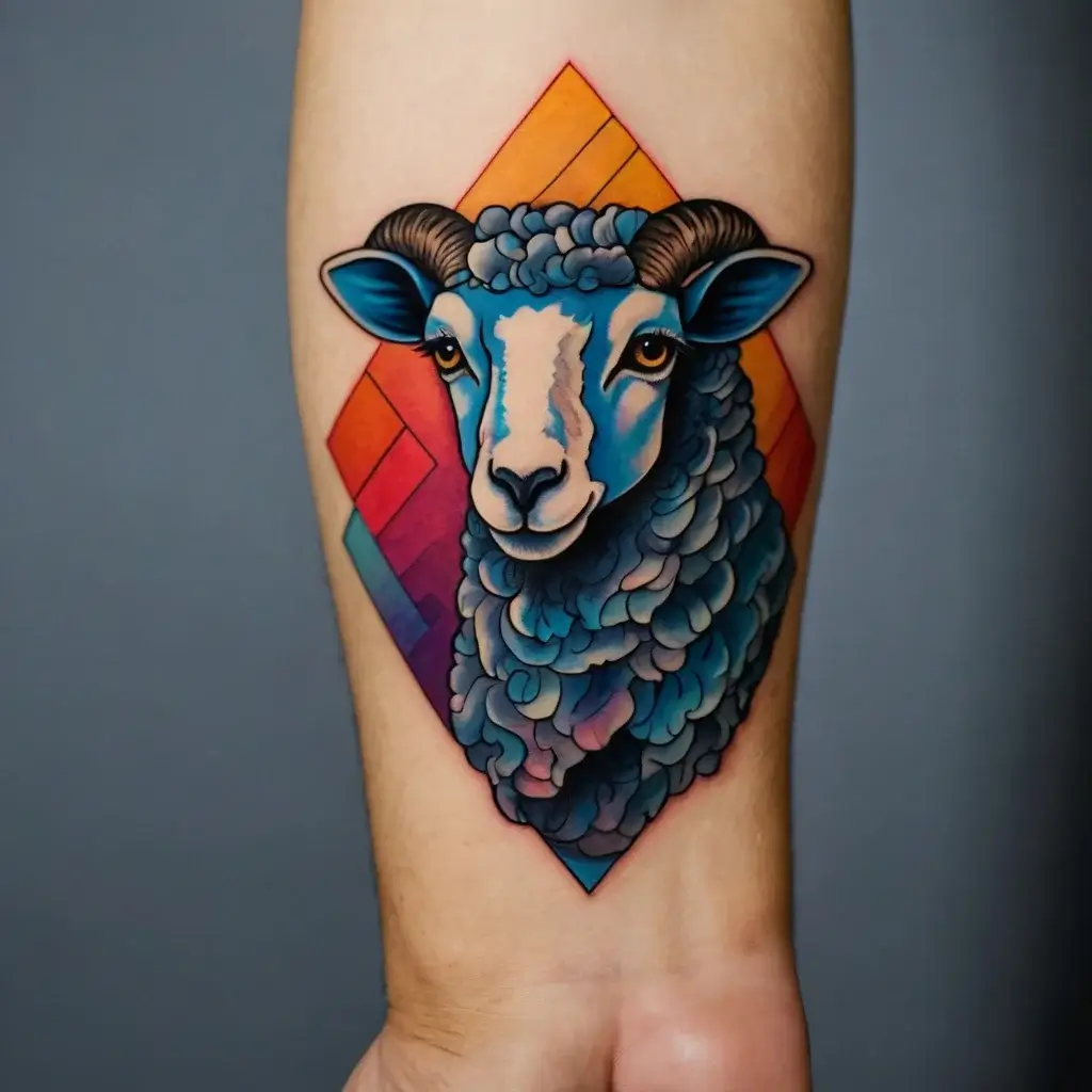 A vibrant geometric tattoo of a stylized sheep head with a colorful gradient background in diamond shapes.