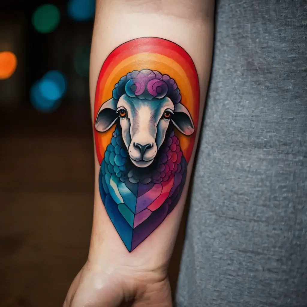 Tattoo of a sheep with a swirling, rainbow-colored wool pattern, set against a vibrant, sunset gradient background.