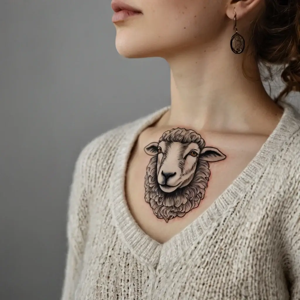 Tattoo of a detailed sheep's head on the chest, showcasing realistic wool texture and intricate shading.