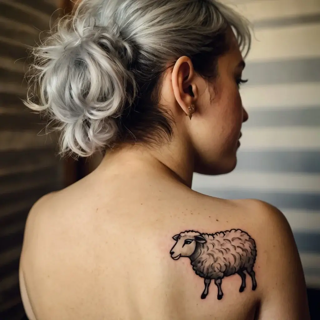 Tattoo of a cartoon-style sheep on the upper back, featuring fluffy wool and a calm expression, outlined in bold black.