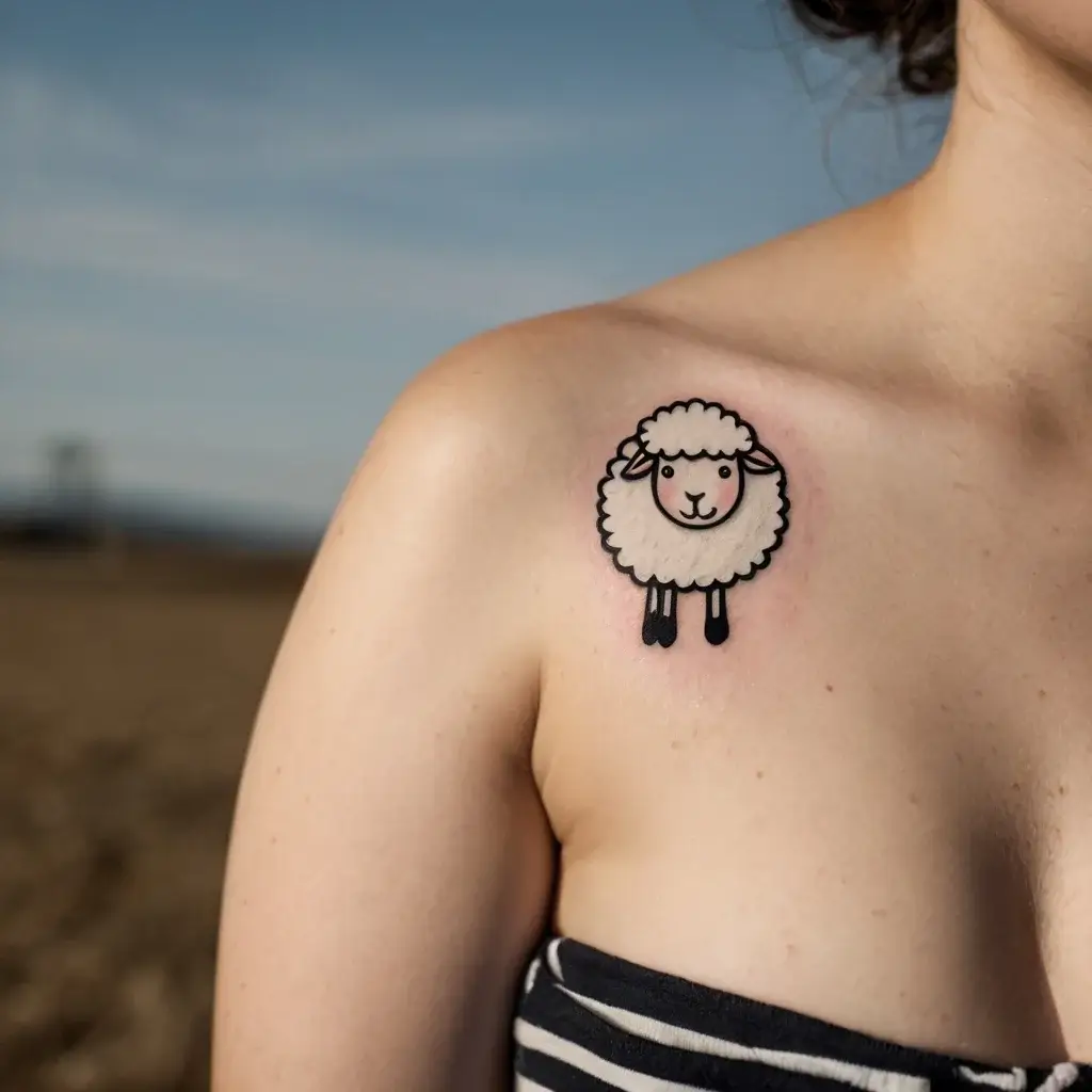 A cute sheep tattoo on the shoulder, featuring bold outlines and soft shading, embodying innocence and charm.