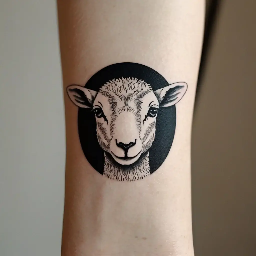 Black and white lamb face tattoo within a dark circle, showcasing fine line details and realistic shading.