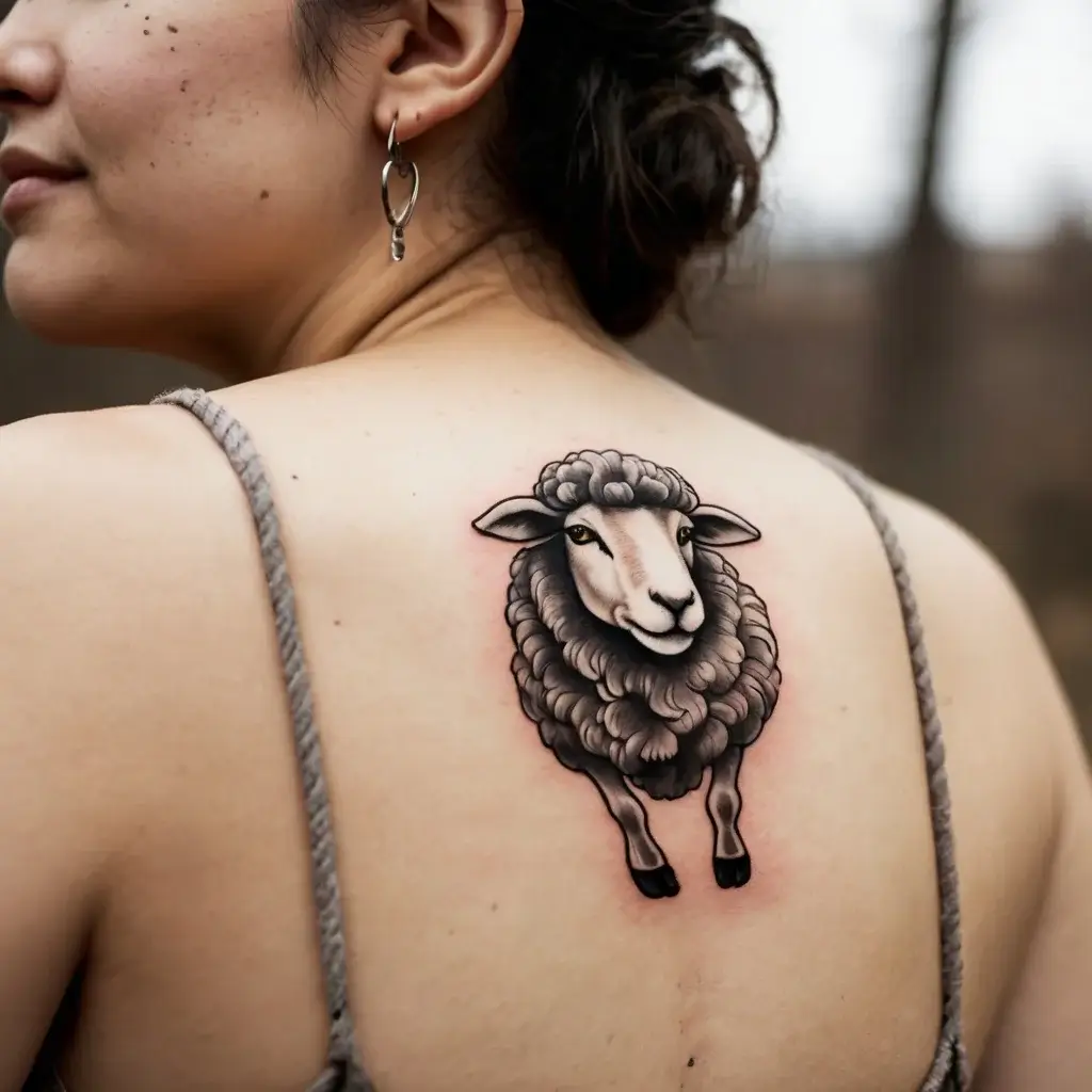 Tattoo of a realistic, detailed sheep with soft shading, centered on the upper back, showcasing fluffy wool texture.